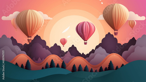 Beautiful sunset sky scenery in circle frame with air balloons . Generative AI