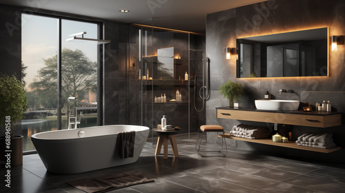Modern bathroom interior with bathtub, windows, sink and other furniture. Generative AI.
