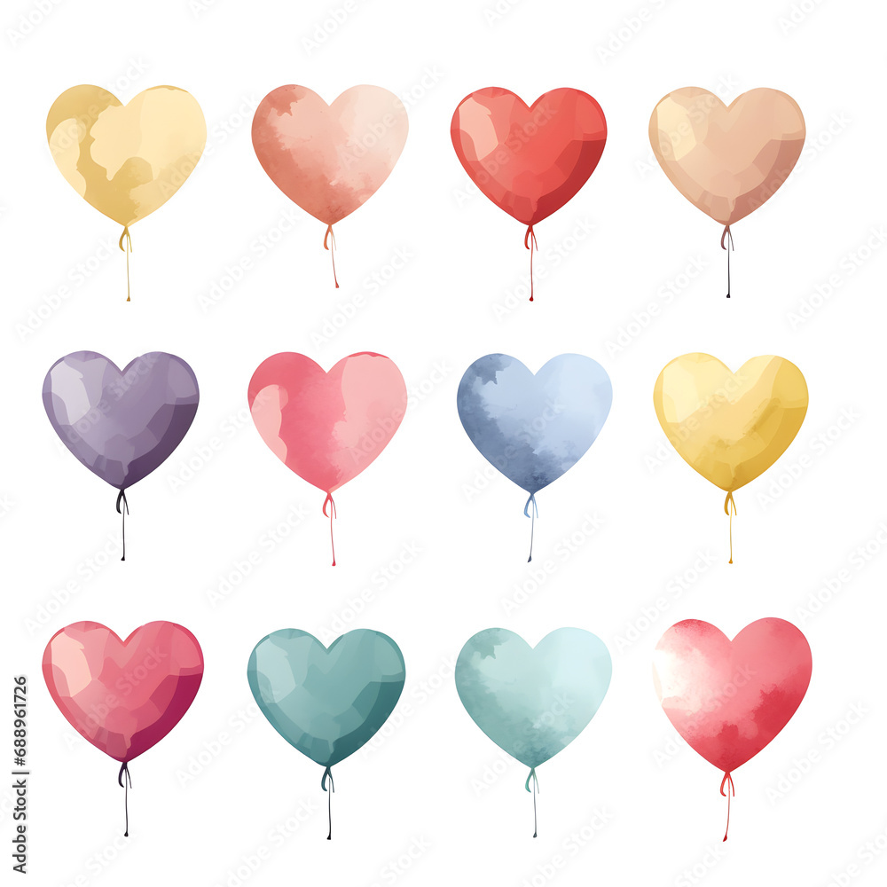 Valentine's Day set of colorful heart balloons on white background. Lover greeting cards, Romantic wallpaper, Gift wrapping paper Valentines Day elements objects watercolor.