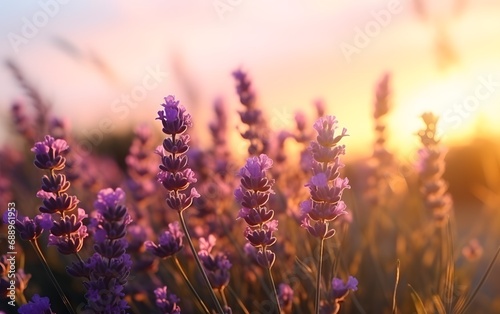 A Serene and Romantic View of Close up Lavender field during golden hour