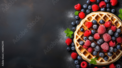 Belgian waffles with raspberries and blueberries on dark background