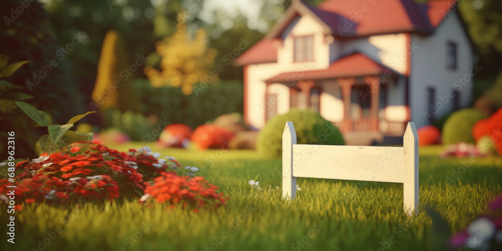 Miniature house in the garden with fence and flowers. Real estate concept. Miniature house in the garden with fence and flowers. Real estate concept.