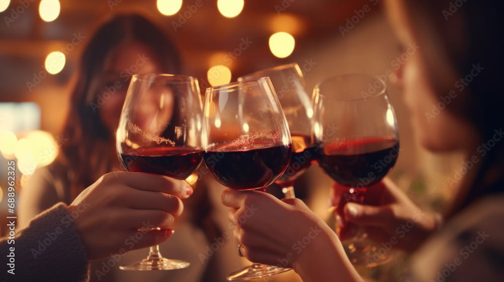 Group of friends with glasses of red wine in restaurant, closeup