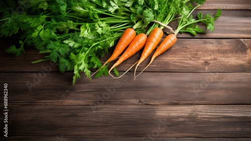 Fresh carrots and parsley on wooden background. Top view with copy space