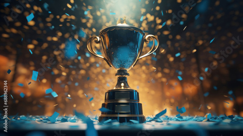 Golden trophy cup on dark background with flying confetti.