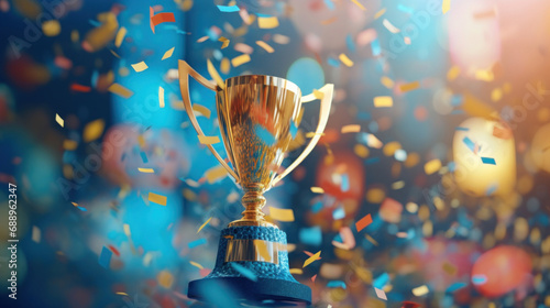 Golden trophy cup with confetti and bokeh background. photo