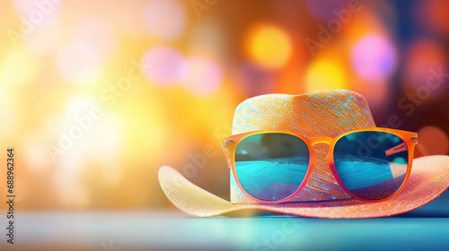 Beach hat and sunglasses on colorful bokeh background. Summer concept.