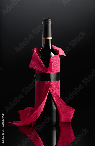 Bottle of red wine wrapped in crepe paper.
