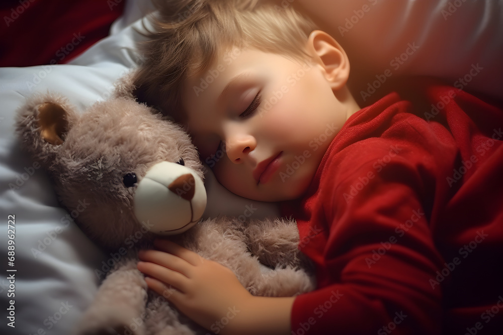 Cute little kid boy sleeping with teddy bear toy Cute little kid boy sleeping with teddy bear toy