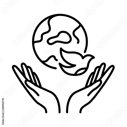 Peace icon in line style. Both open hands present a dove flying freely, and the world as a symbol of peace