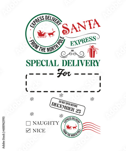 Santa's Special Delivery Christmas Gift Bag North Pole vintage Santa sack typographic art Design on white Background