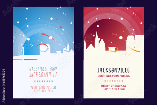 Jacksonville city poster with Christmas skyline, cityscape, landmarks. Winter USA holiday, New Year vertical vector layout for Florida state brochure, website, flyer, leaflet, card