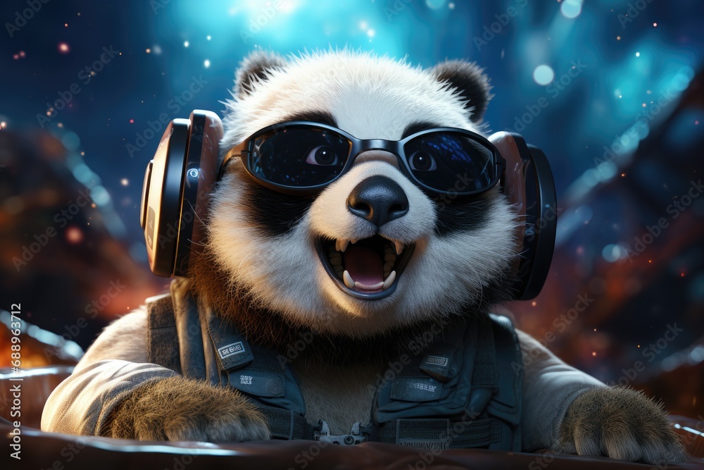 Panda wearing VR headset, surreal worlds and colorful. background Generative AI