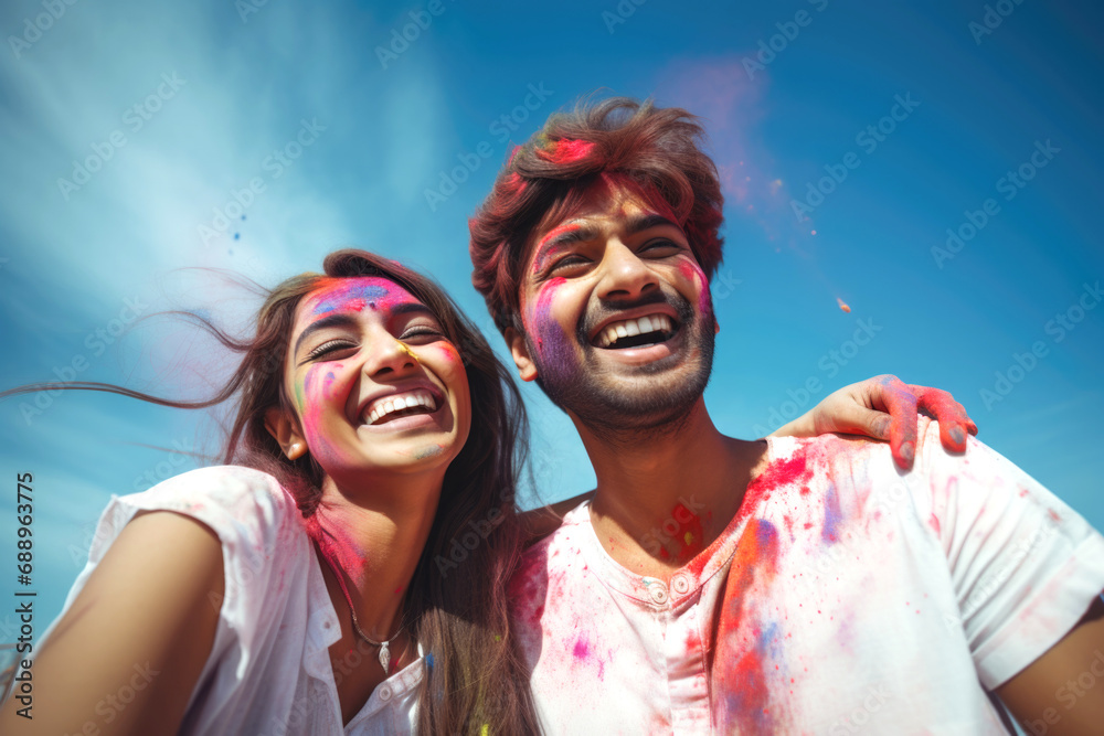 Obraz premium Loving couple of Indian ethnicity celebrating Holi festival with colours in a blue sky background 