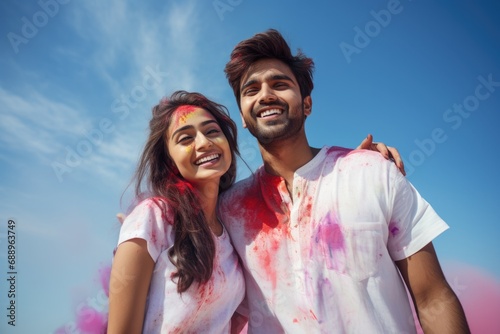 Loving couple of Indian ethnicity celebrating Holi festival with colours in a blue sky background 