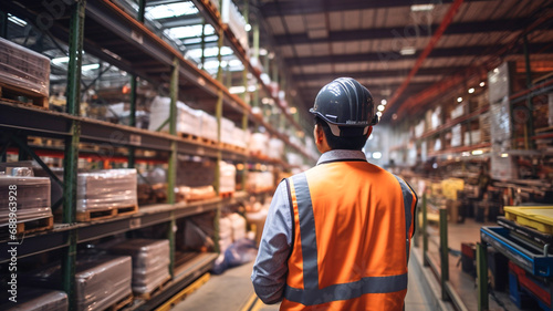 Back view of male worker checking products or goods on shelves shelf in warehouse. 