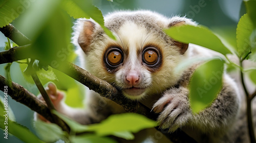 The beautiful Slow Loris on tree with green leaf as background. AI Generative.