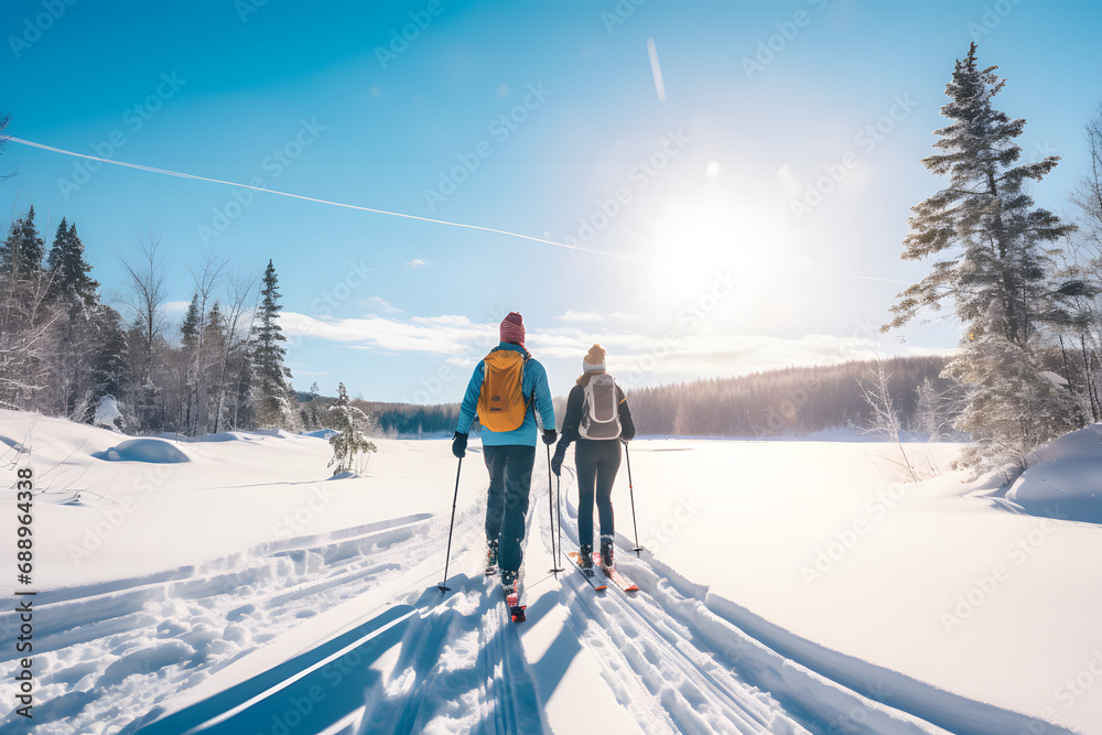 A couple crossing a snow-covered landscape on cross-country skis equipped with backpacks