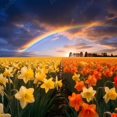 A vibrant rainbow over a field of daffodils.