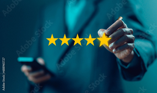 5-star rate review of client, best feedback customer. satisfaction survey concept in service of the user on a website digital online. experience positive with business top quality photo