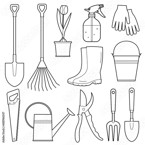Set of outline illustration for the garden. Watering can, boots, shovel, flower, bucket. Design elements or page of children's coloring book.
