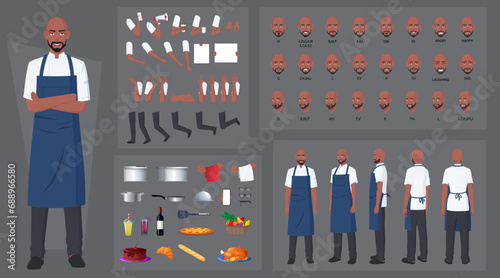 Chef, Cook Character Creation Set, Black Man Wearing Blue Apron, with Kitchen Utensils, for Mouth Animation, Lip Sync and Character Posing Vector Illustration