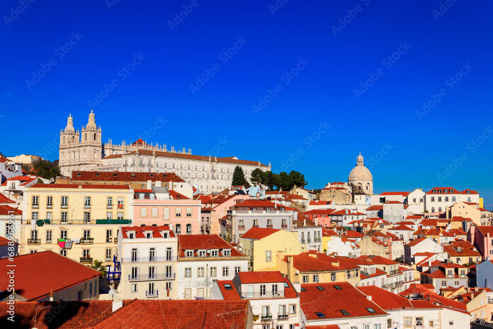 View of Alfama, the oldest neighborhood of Lisbon, from Santa Luzia viewpoint in Lisbon, Portugal