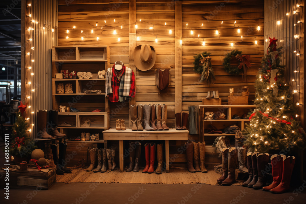 Illuminate the festive shop decoration concept with a Western influence in a close-up perspective. Feature a composition with cowboy-inspired decor, string lights, and vintage ornaments.