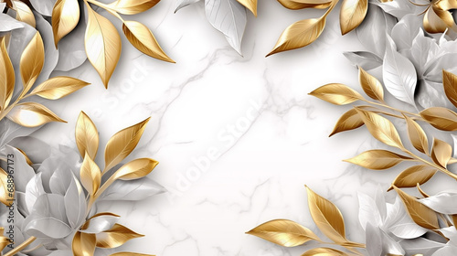 Gold frame and leaves. Light marble background.