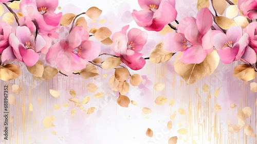 Luxurious golden wallpaper. Banner with pink flowers watercolor .