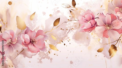 Luxurious golden wallpaper. Banner with rose flowers watercolor 