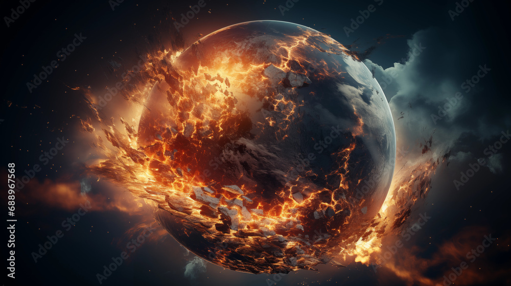 The globe is on fire, global catastrophe, explosion of the earth, end of the world. Generative AI.
