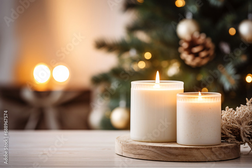 Illuminate the festive home decoration concept with a close-up perspective. Feature a composition of white candles  evergreen branches  and Nordic-inspired decor on a wooden table. 