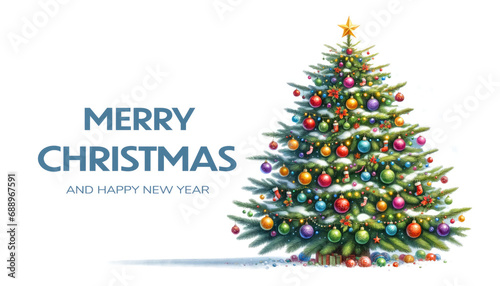 Merry Christmas and Happy New Year greeting card with Christmas tree. Generative ai. © Irina