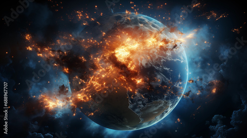 The globe is on fire  global catastrophe  explosion of the earth  end of the world. Generative AI.