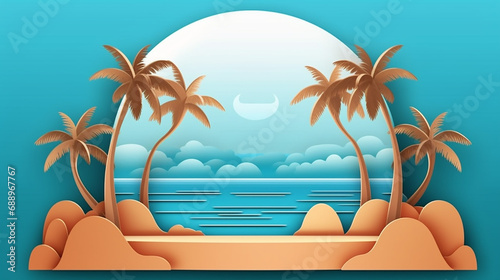 Seawater circle stage podium scene with coconut trees. 
