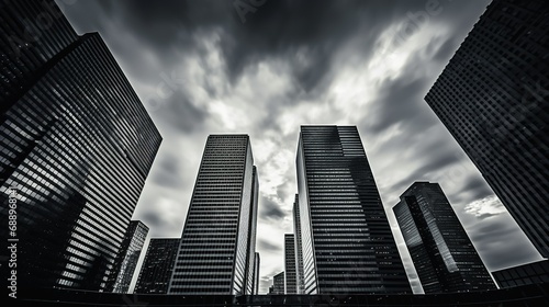 A black and white image of office buildings rising majestically against a cloudy sky  emphasizing their monumental presence