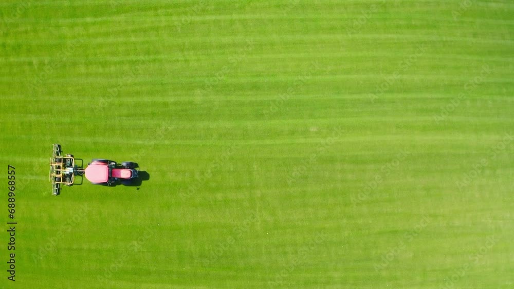 Red Tractor Cut Grass on Green Field and Move from Left to Right. - Aerial Top Shot View. Red Tractor Cut Grass on Green Field and Move from Left to Right. - Aerial Top Shot View.