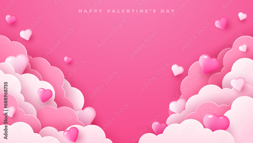 Happy Valentine's Day. Pink clouds with beautiful pink hearts frame on pink background. Vector illustration in paper cut style. Place for text.