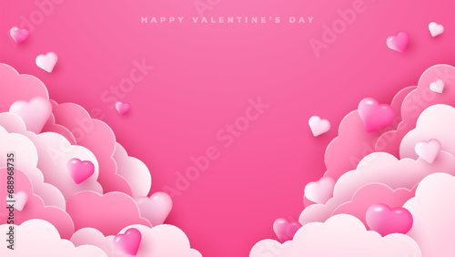 Happy Valentine's Day. Pink clouds with beautiful pink hearts frame on pink background. Vector illustration in paper cut style. Place for text. photo