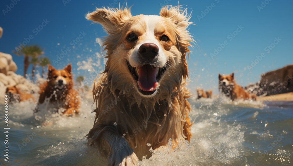 Cute happy dog having fun in the water on a sunny day,Generative AI
