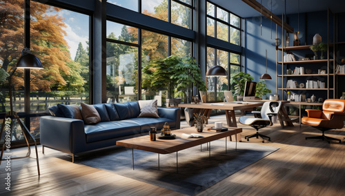 Interior of modern living room with panoramic window, bookshelf and sofa 3D rendering,Generative AI