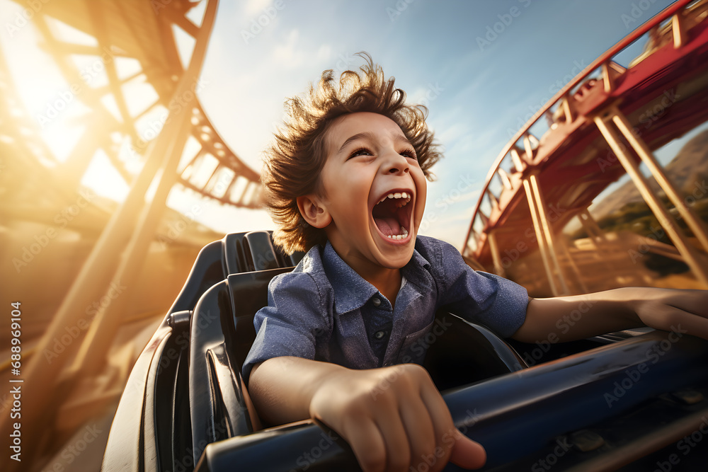 Happy boy having fun on roller coaster in amusement park ...