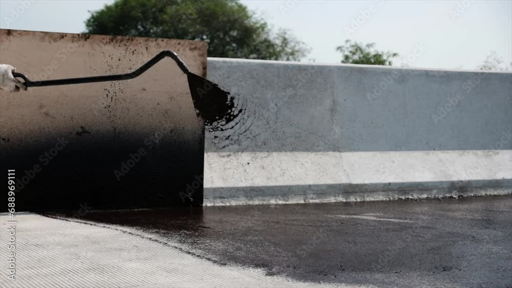 Process of asphalting road construction infrastructure by spraying or casting prime coat, tack coat or gluing the ATB layer with hot mix asphalt. Toll road asphalting