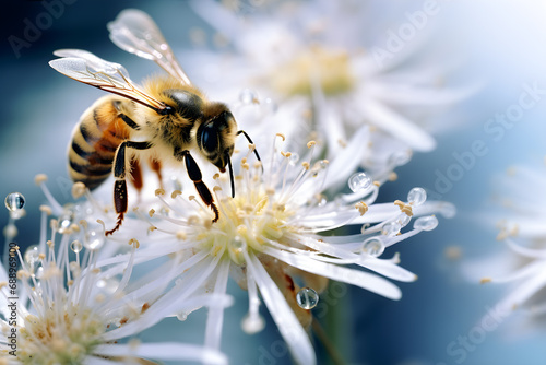 Bee are sucking sweet liquid nectar pollen from a flowers Beautiful nature of insects Hyperrealistic photo