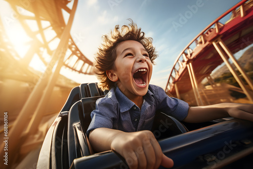 Happy boy having fun on roller coaster in amusement park, Hyperrealistic