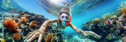 Panorama landscape underwater view of Woman wearing snorkel mask, Female diver swimming with beautiful coral reefs and various fish, Beautiful nature, Hyperrealistic