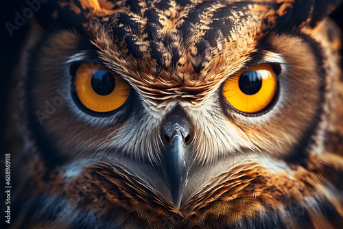 Close-up of a beautiful owl's face and eyes, Bird of prey, Beautiful animal in nature, Hyperrealistic