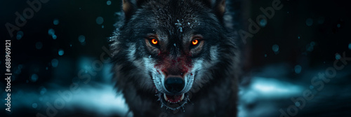 Portrait of a wolf in the forest at night, The eyes of a fierce predator, Panoramic banner, Hyperrealistic photo
