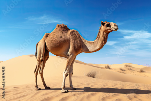 camel in a grassy desert area with blue sky